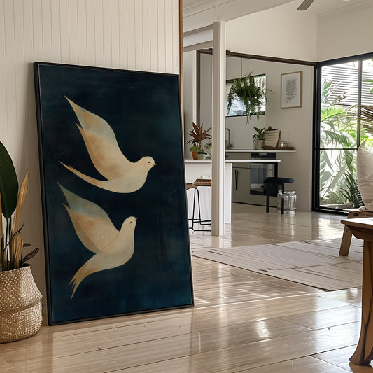 Doves Float Through Midnight Blue