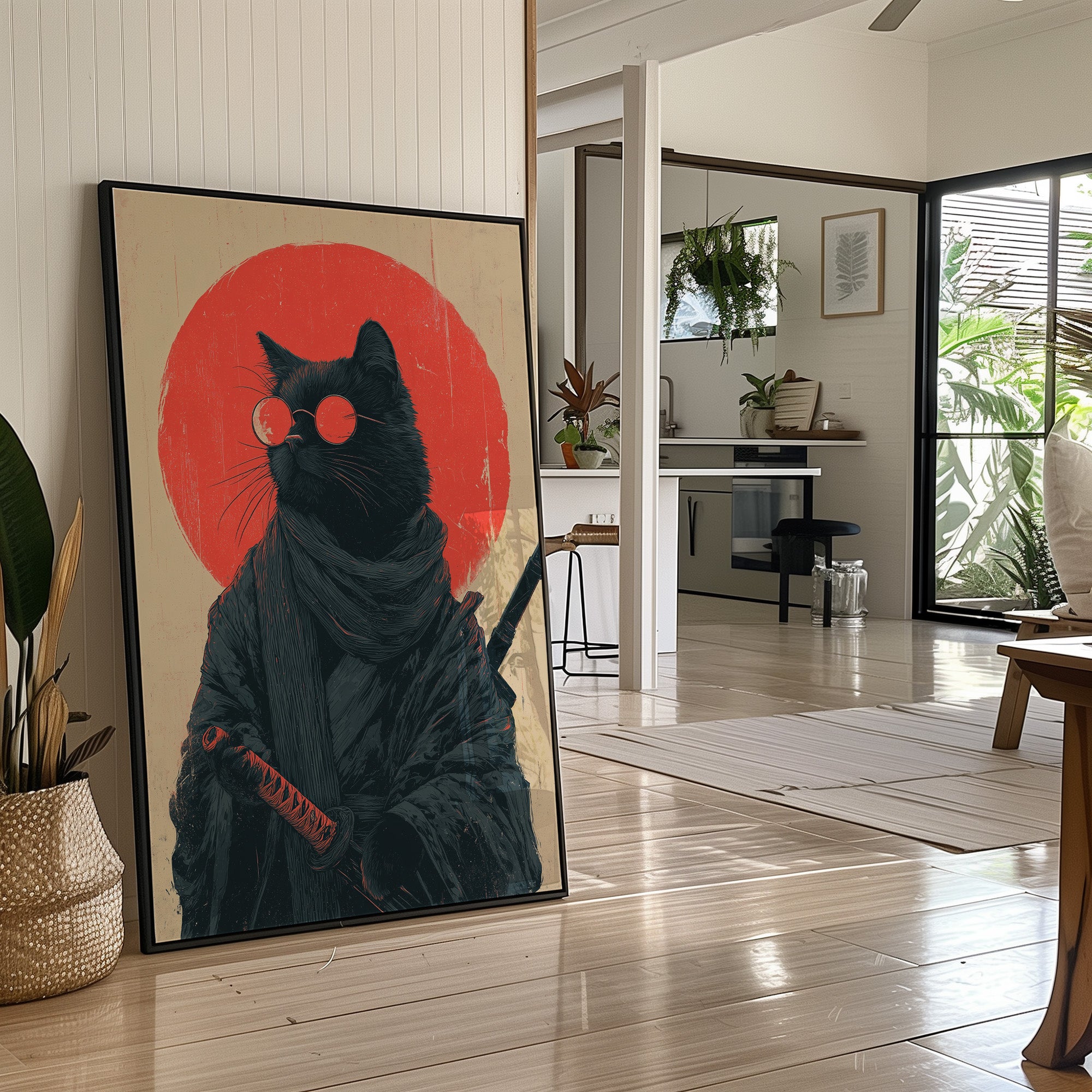 Samurai Cat Guards Red Moon Rising