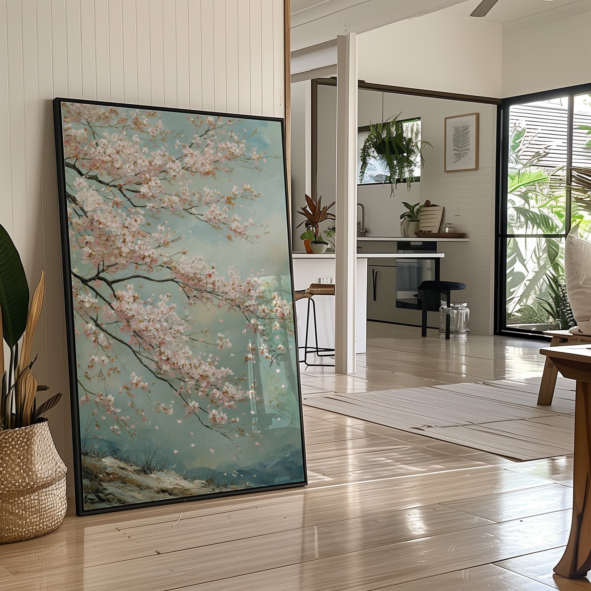 Cherry Blossoms Dance Against Turquoise