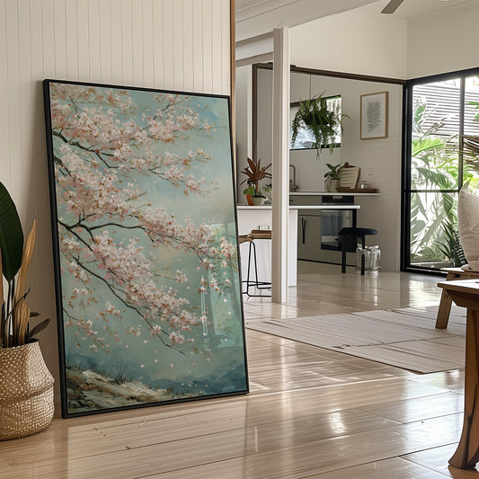 Cherry Blossoms Dance Against Turquoise