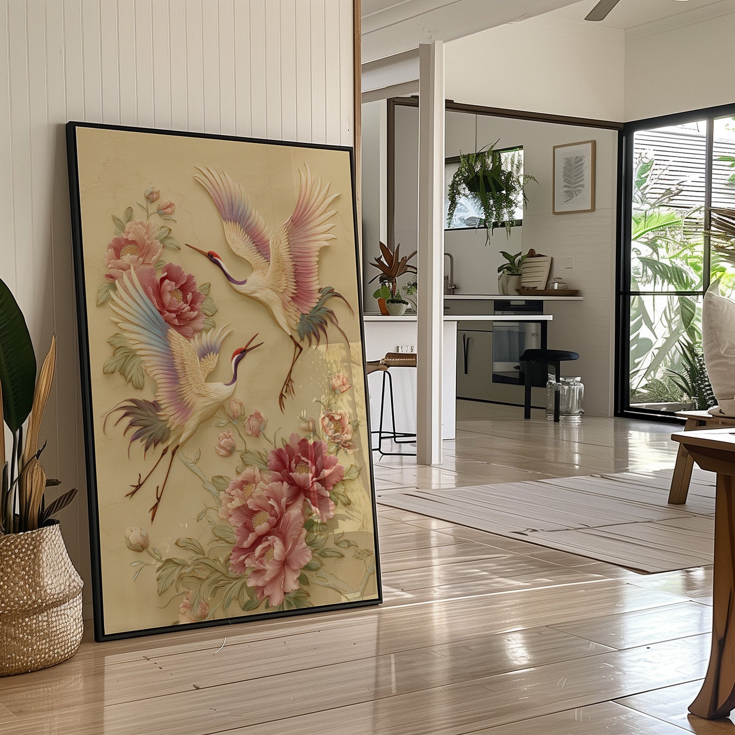 Graceful Cranes Among Peony Blooms