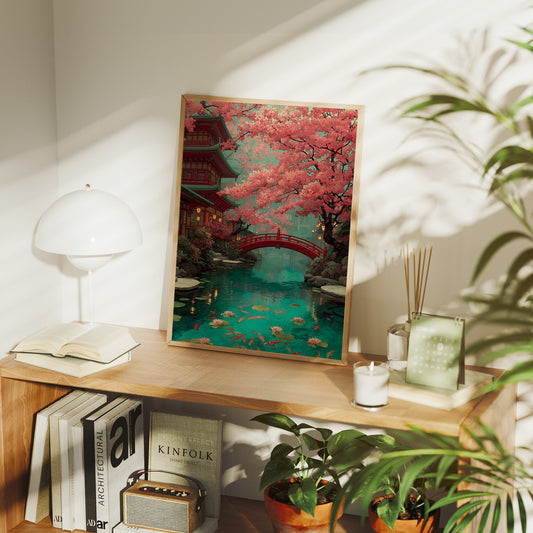 Cherry Blossoms Dance Above Koi Pond