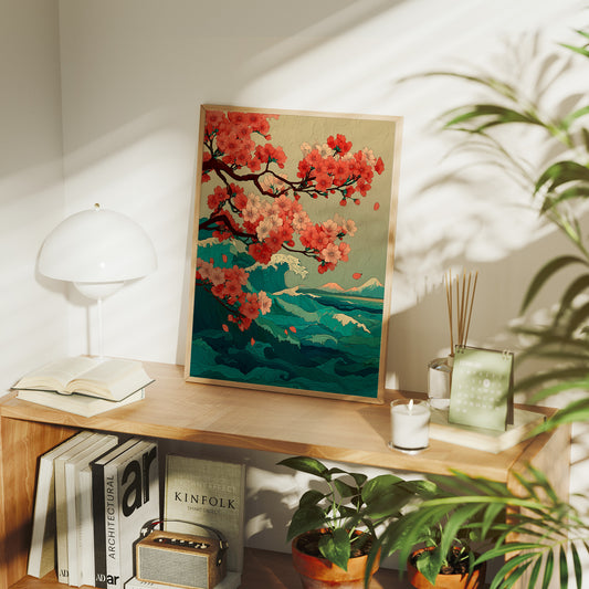 Cherry Blossoms Dance Above Emerald Seas