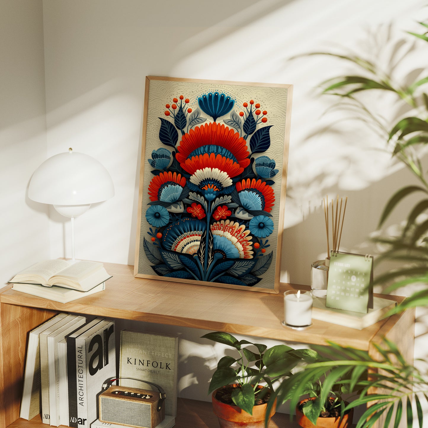 Folk Blooms Dance In Coral Blue