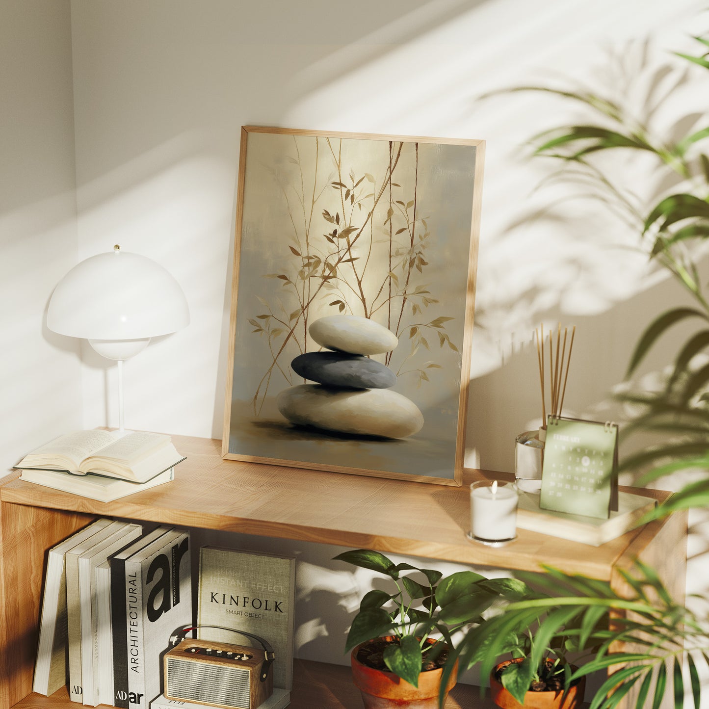 Stones Rest Among Bamboo Leaves