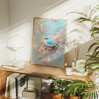 Blue Bird Rests Among Cherry Blossoms