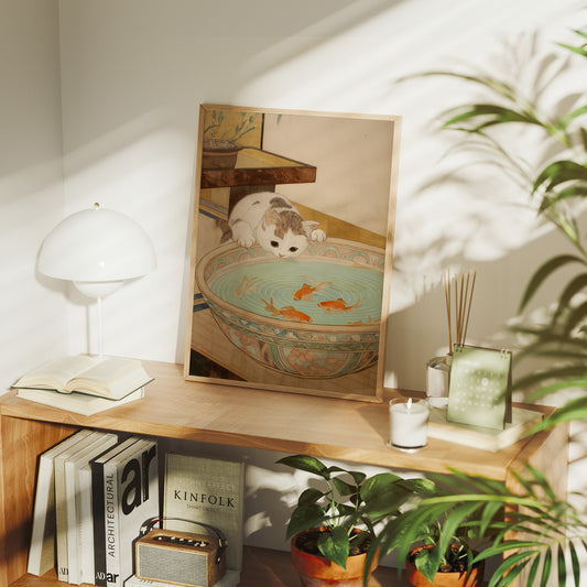 Curious Cat Meets Koi Below