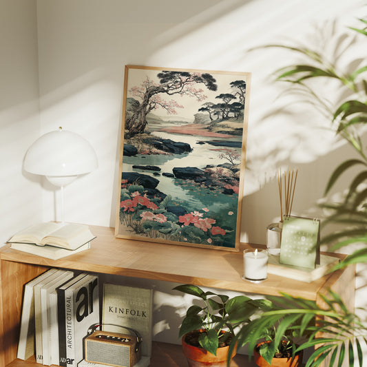 Cherry Blossoms Dance Above Turquoise Waters