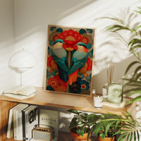 Birds Dance Among Crimson Blooms