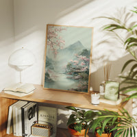 Cherry Blossoms Dance Above Misty Peaks