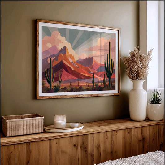 Saguaros Bathe In Coral Light