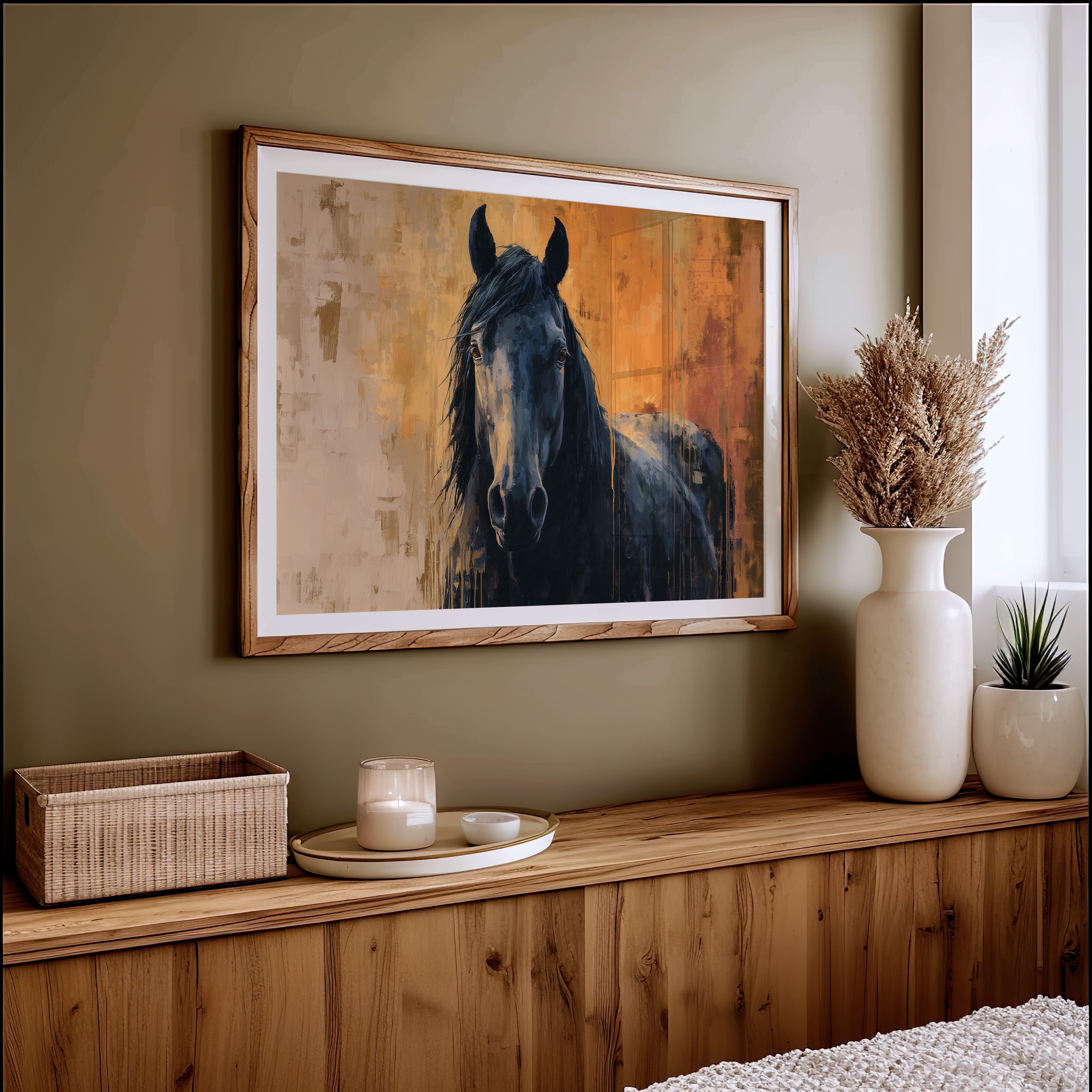 Midnight Stallion Against Amber Sky