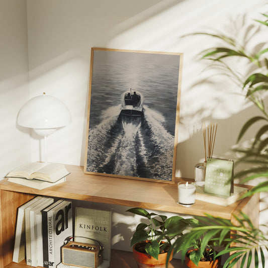 Speedboat Cuts Through Morning Fog