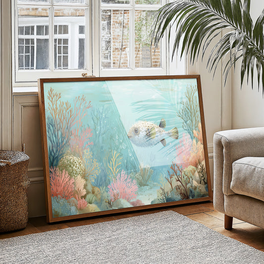 Pufferfish Drifts Through Coral Symphony