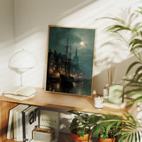 Harbor Lights Below Foggy Moon