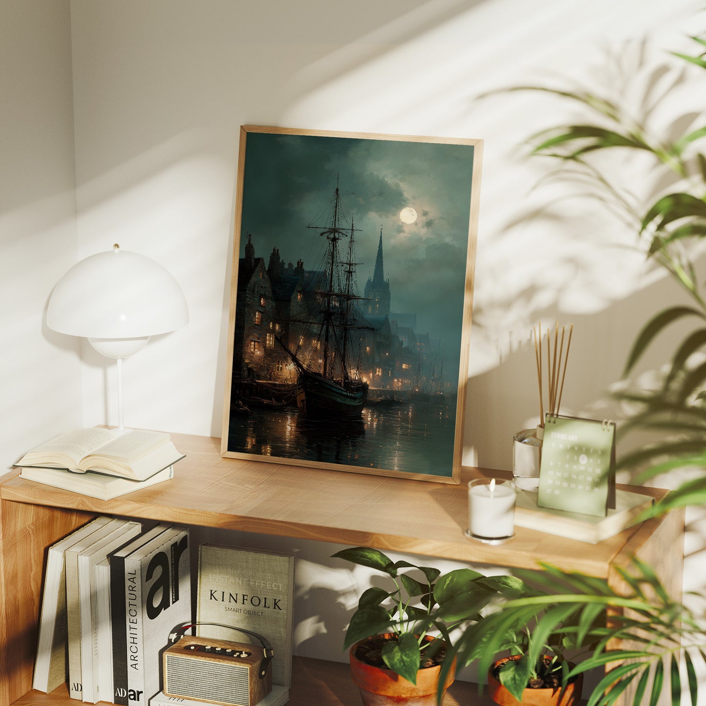 Harbor Lights Below Foggy Moon