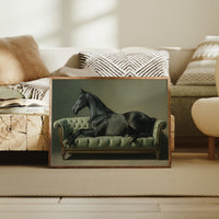 Aristocratic Repose: Ebony Stallion on a Mint Couch