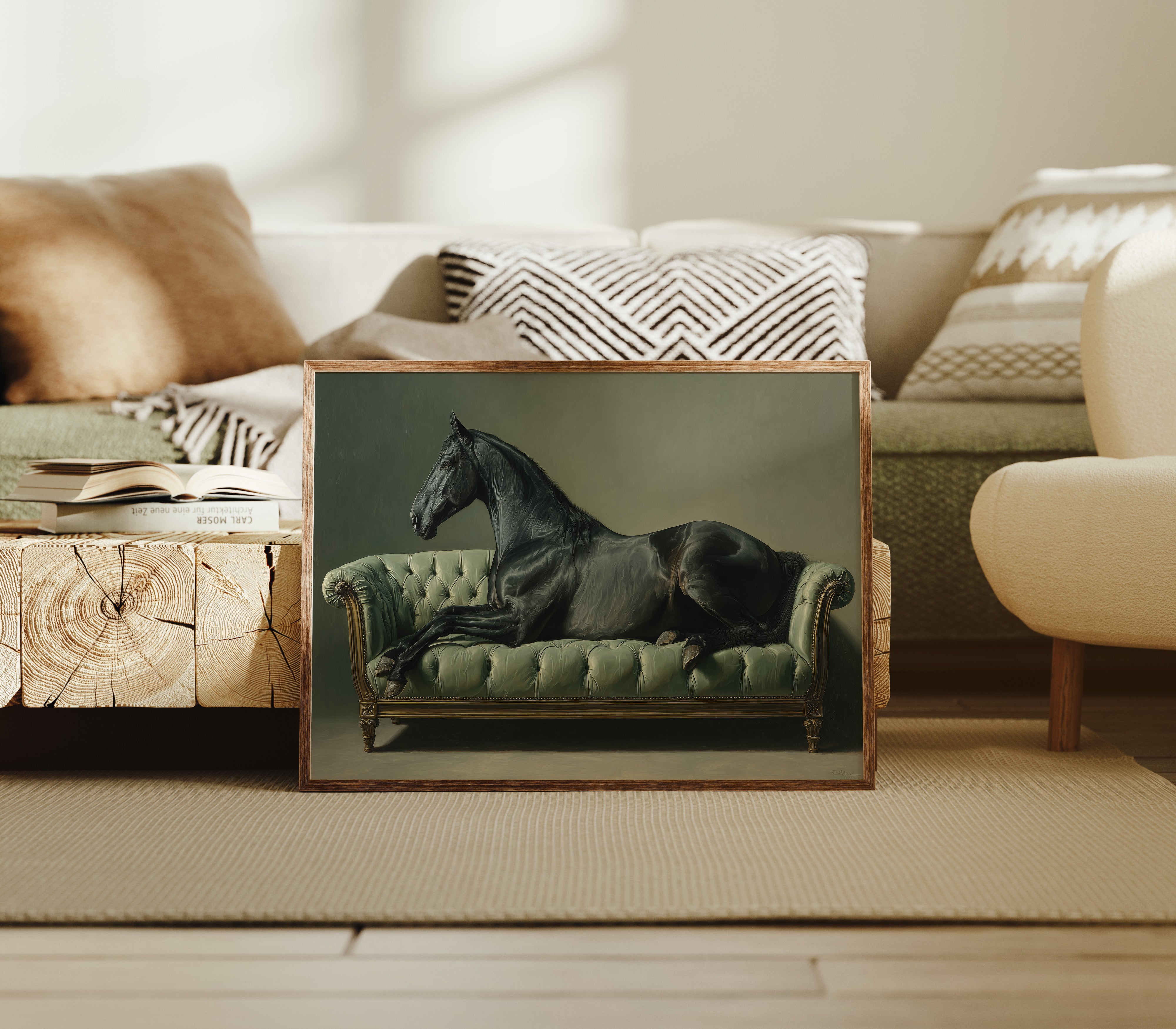 Aristocratic Repose: Ebony Stallion on a Mint Couch