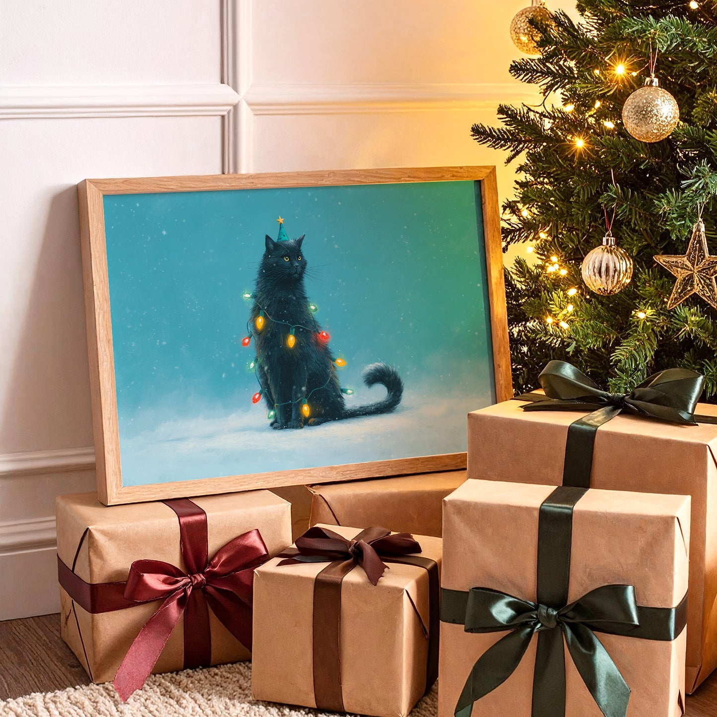 Festive Feline Adorned in Holiday Glow