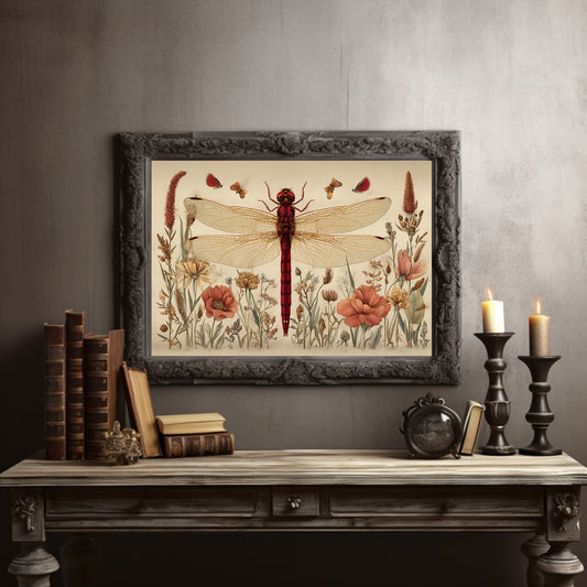 Crimson Messenger Through Wildflower Meadow