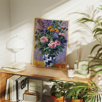 Vibrant Blooms in Checkered Blue
