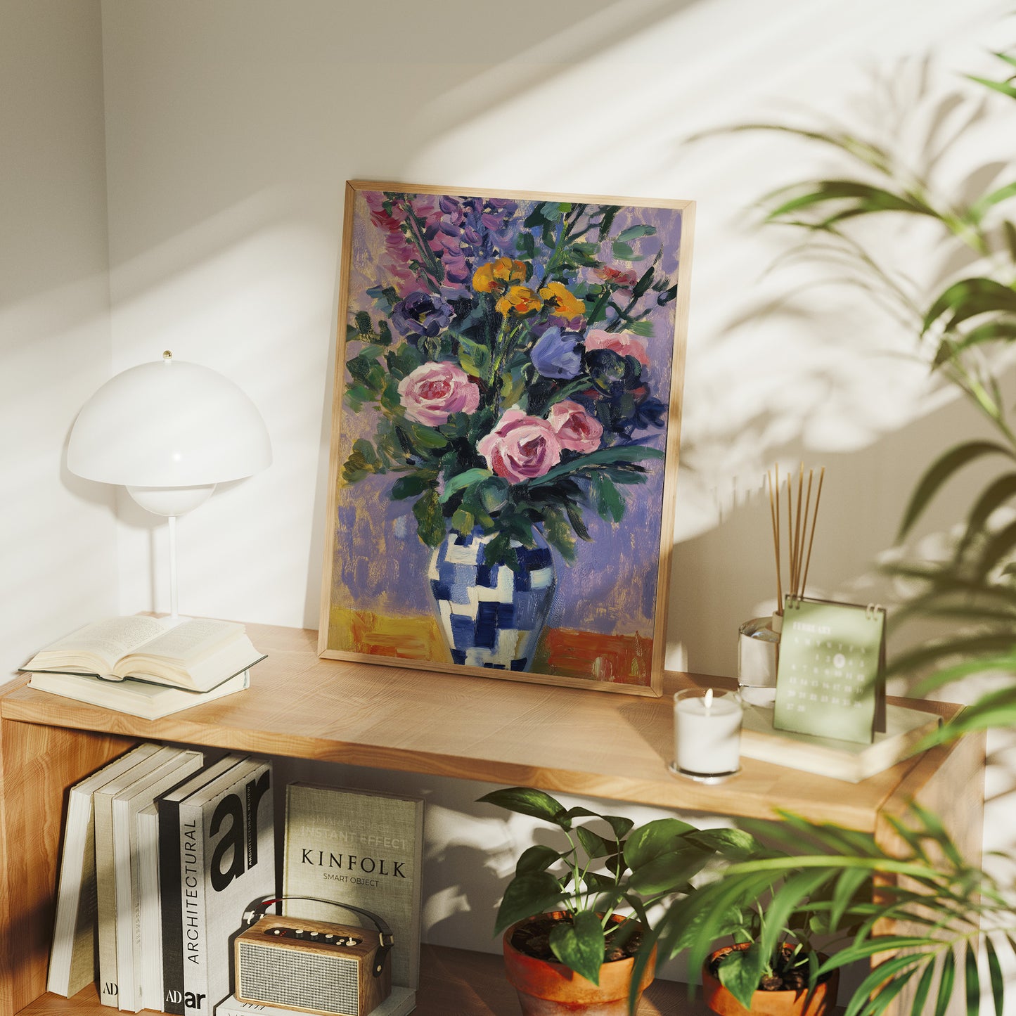 Vibrant Blooms in Checkered Blue
