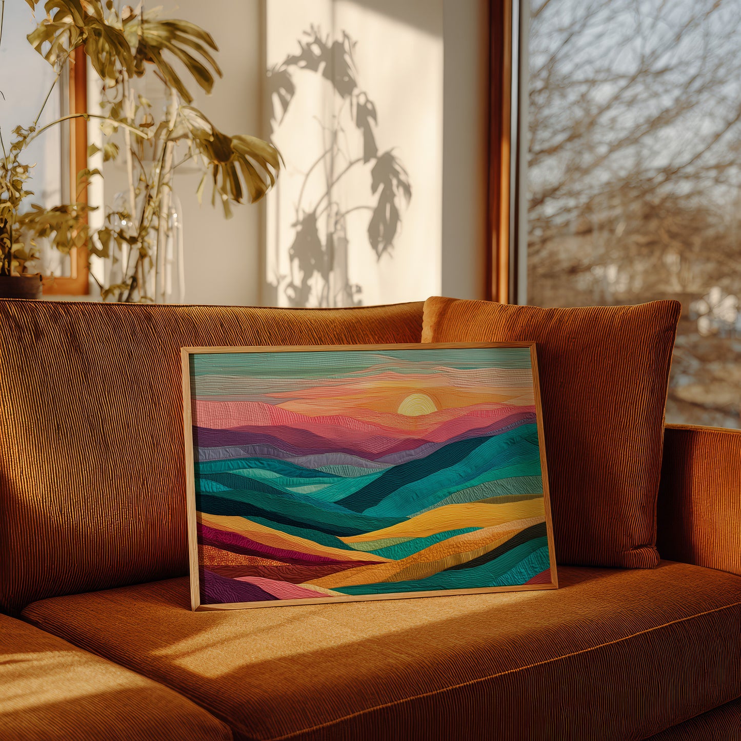 Textile Horizons: Sunset Through Stitched Valleys