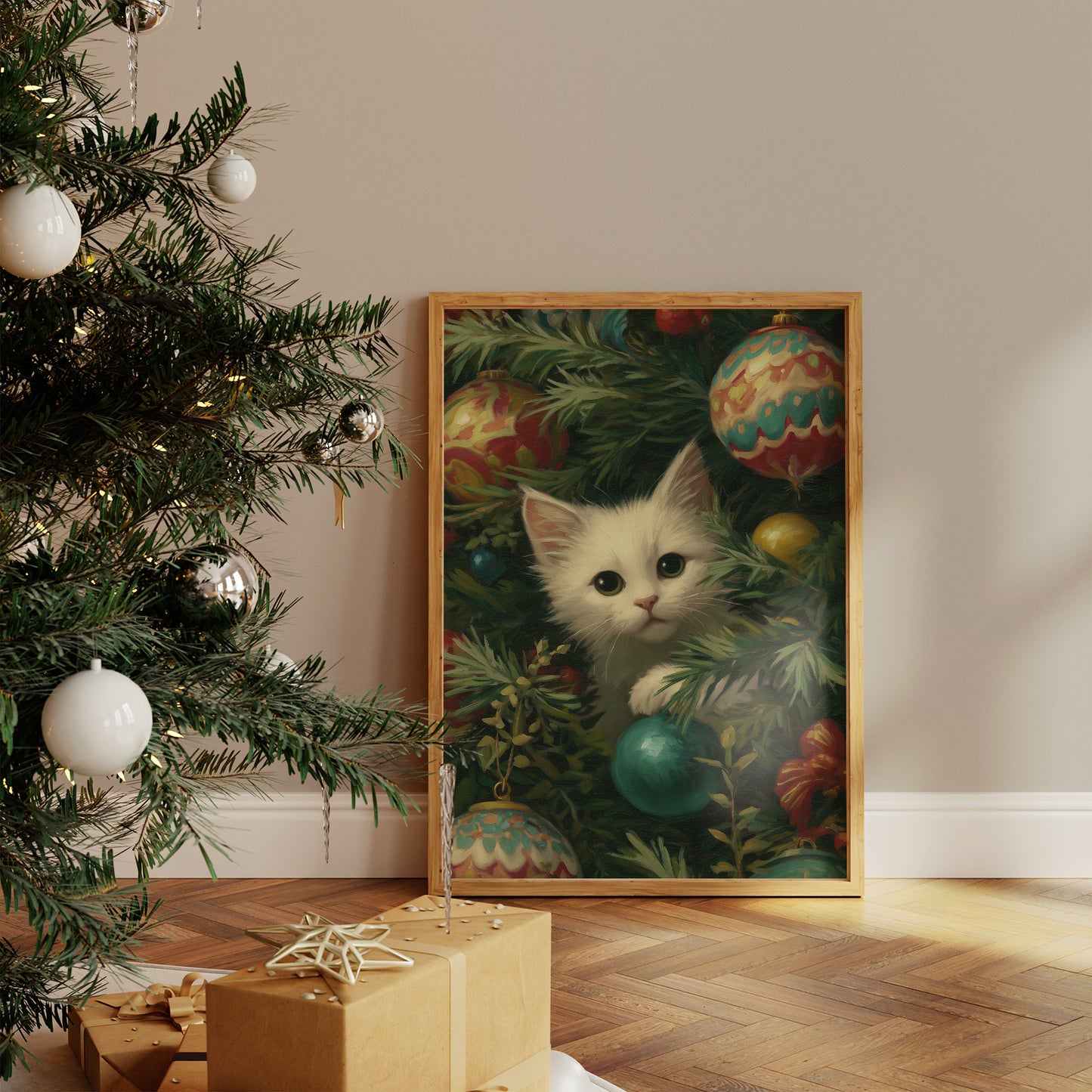 Curious Whiskers Among Festive Boughs