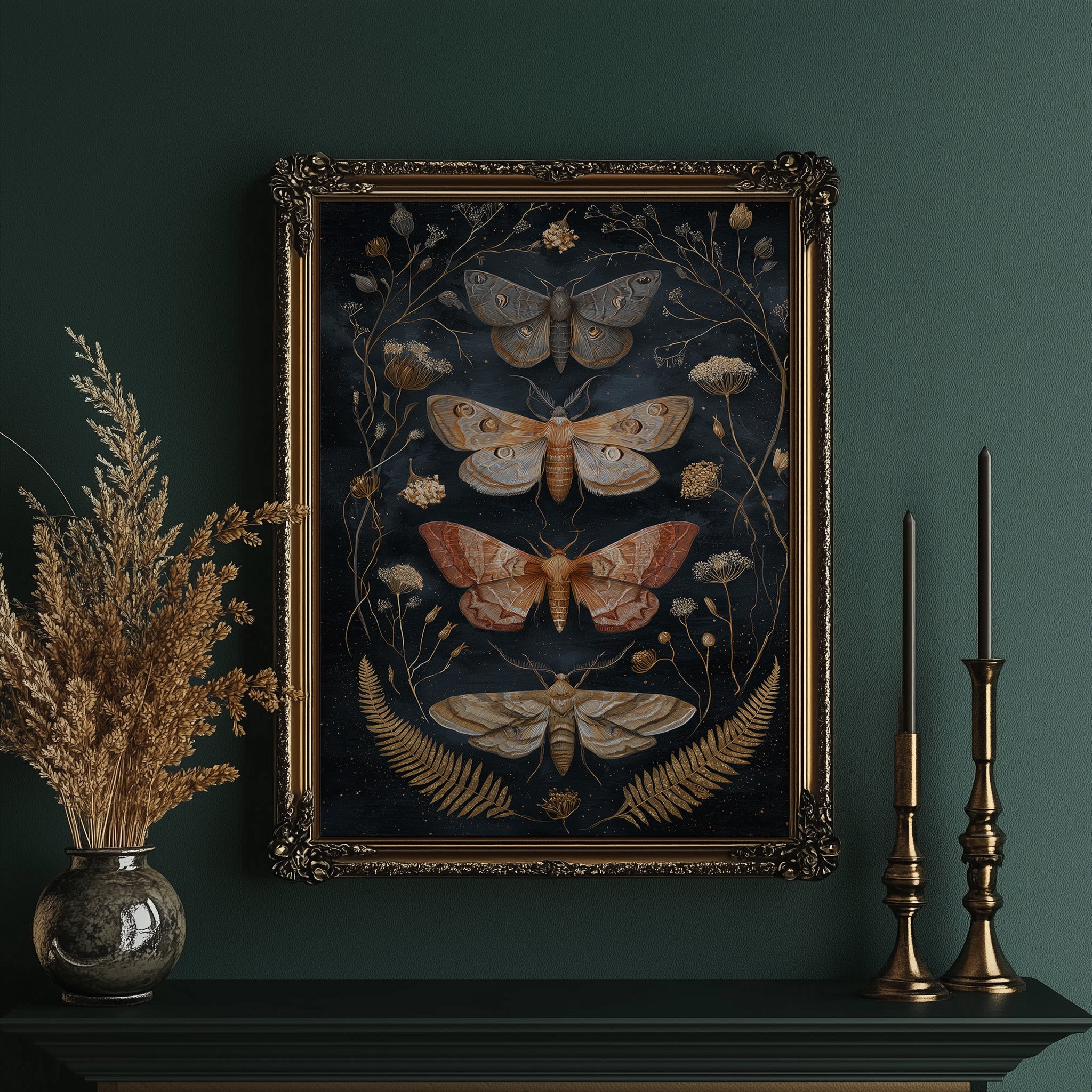 Midnight Moths Among Golden Stems