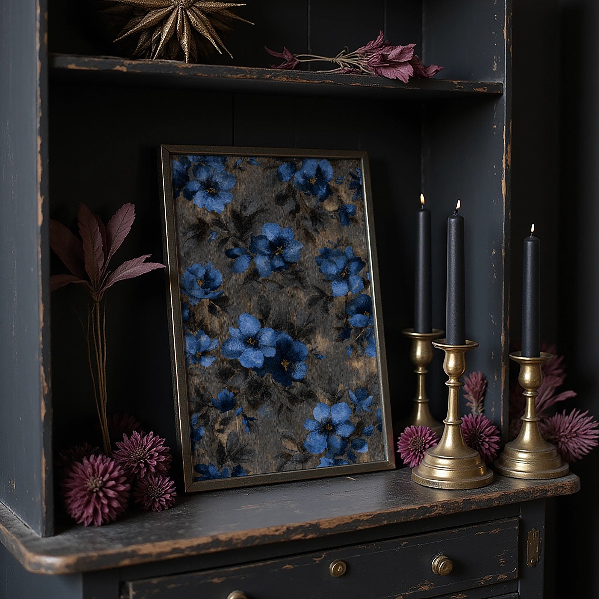 Midnight Blooms Against Golden Wood