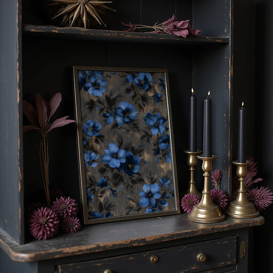 Midnight Blooms Against Golden Wood