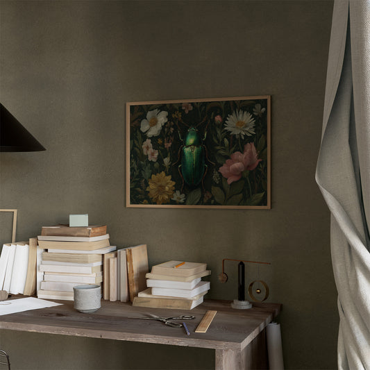 Emerald Beetle Among Garden Blooms