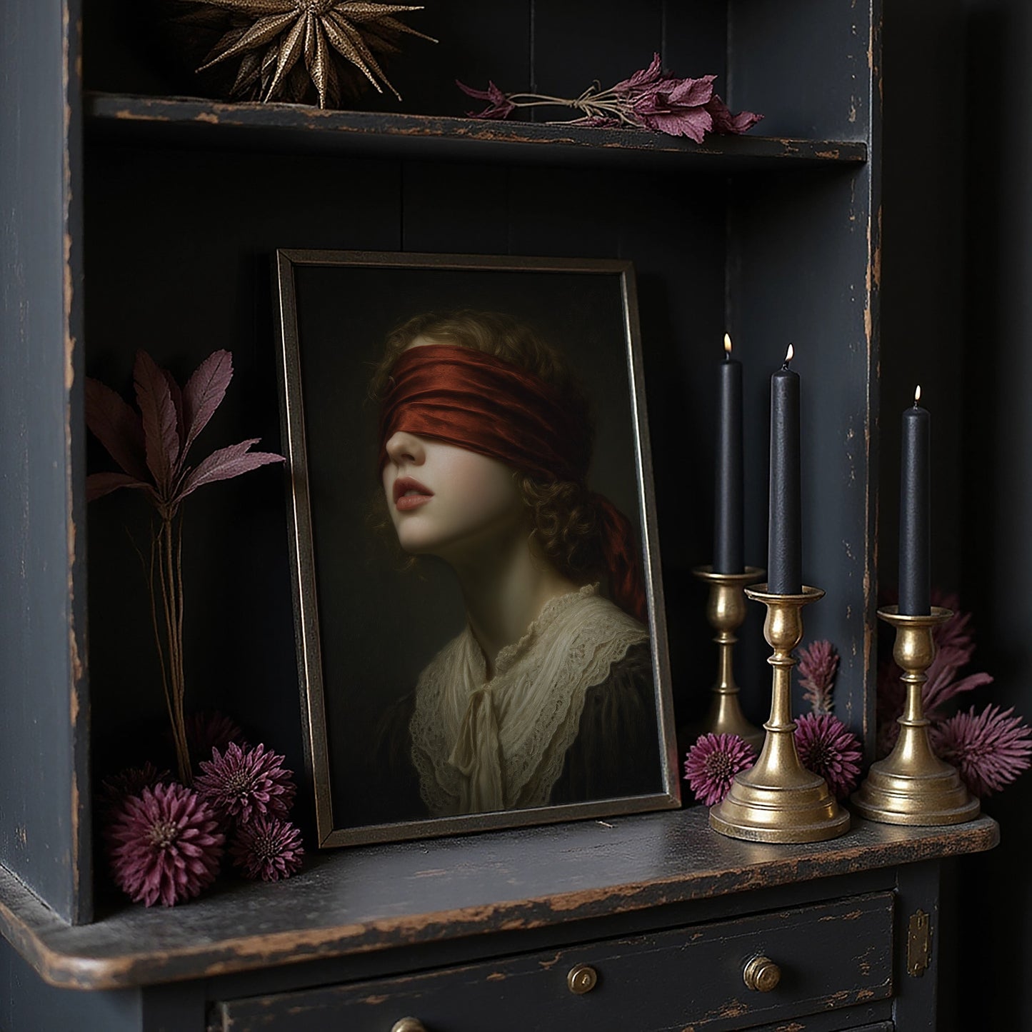 Crimson Blindfold Against Lace Collar