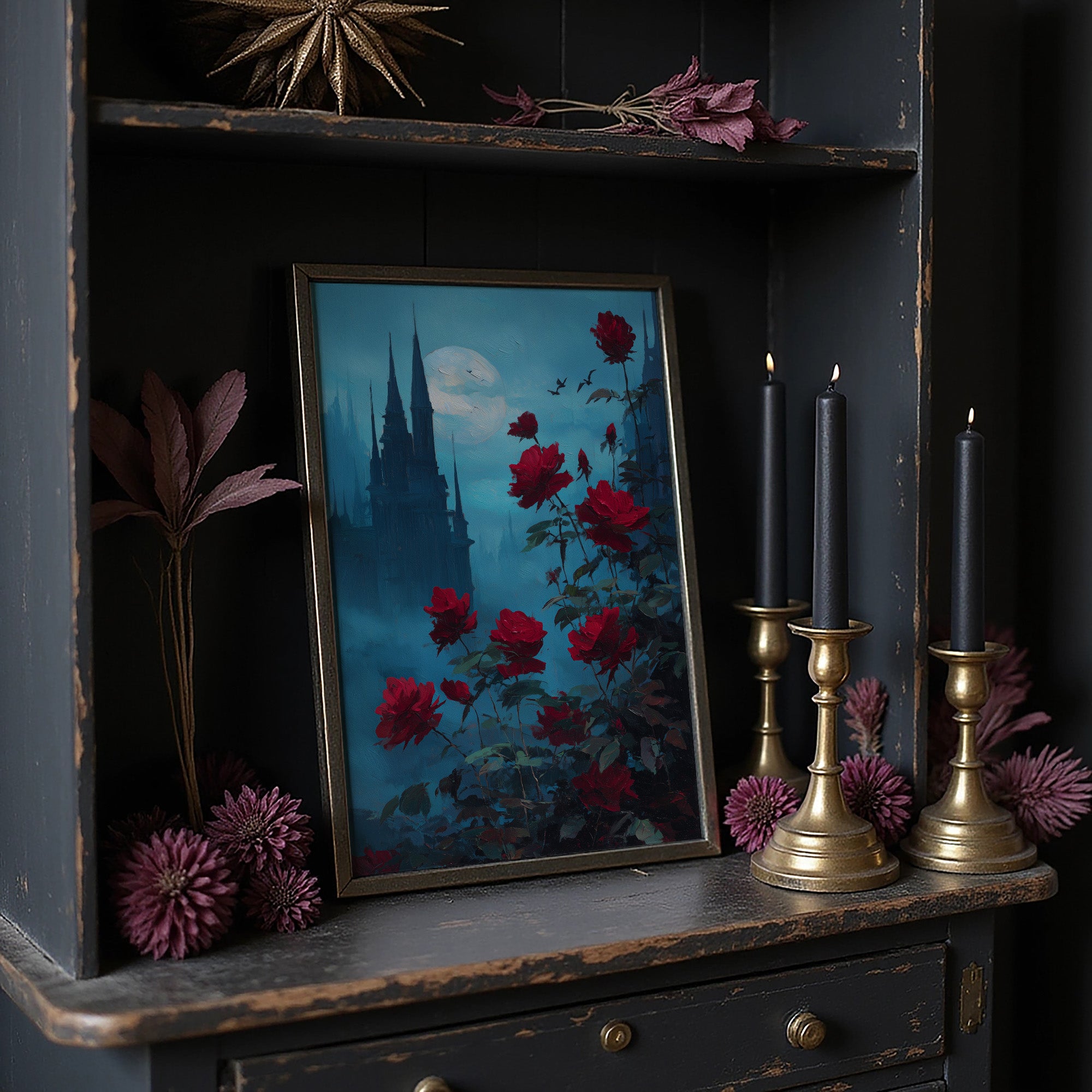 Crimson Blooms Against Ancient Spires
