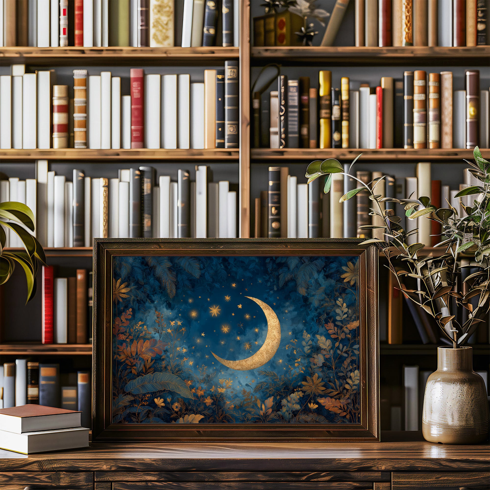 Golden Crescent Among Midnight Blooms