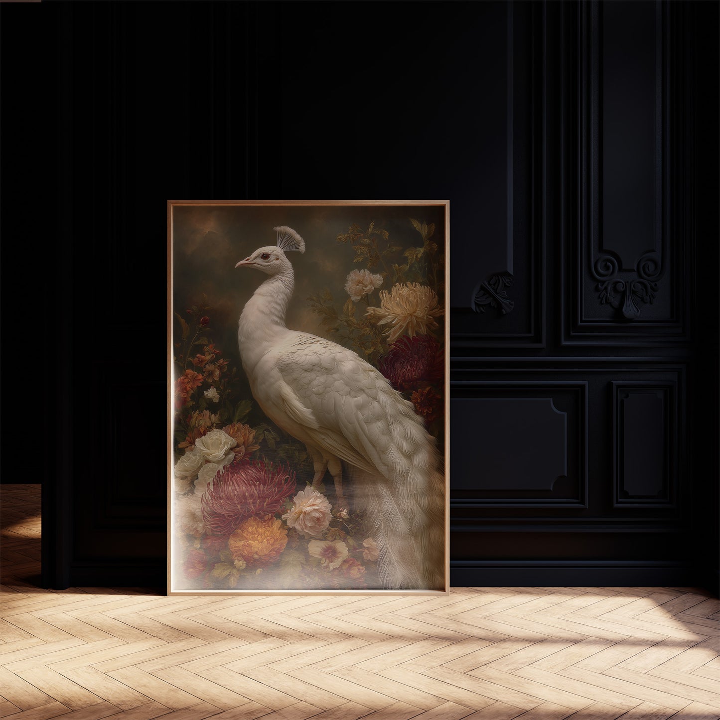 White Peacock Among Blooming Peonies