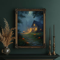 Autumn Cottage Under Midnight Fog