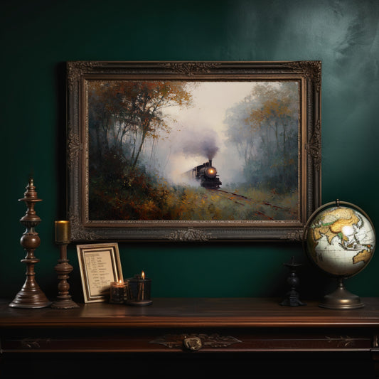 Autumn Train Through Misty Woods