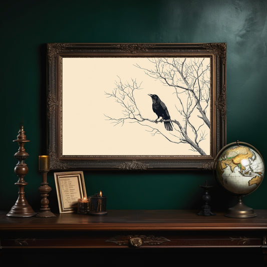 Raven Perches On Winter Branches