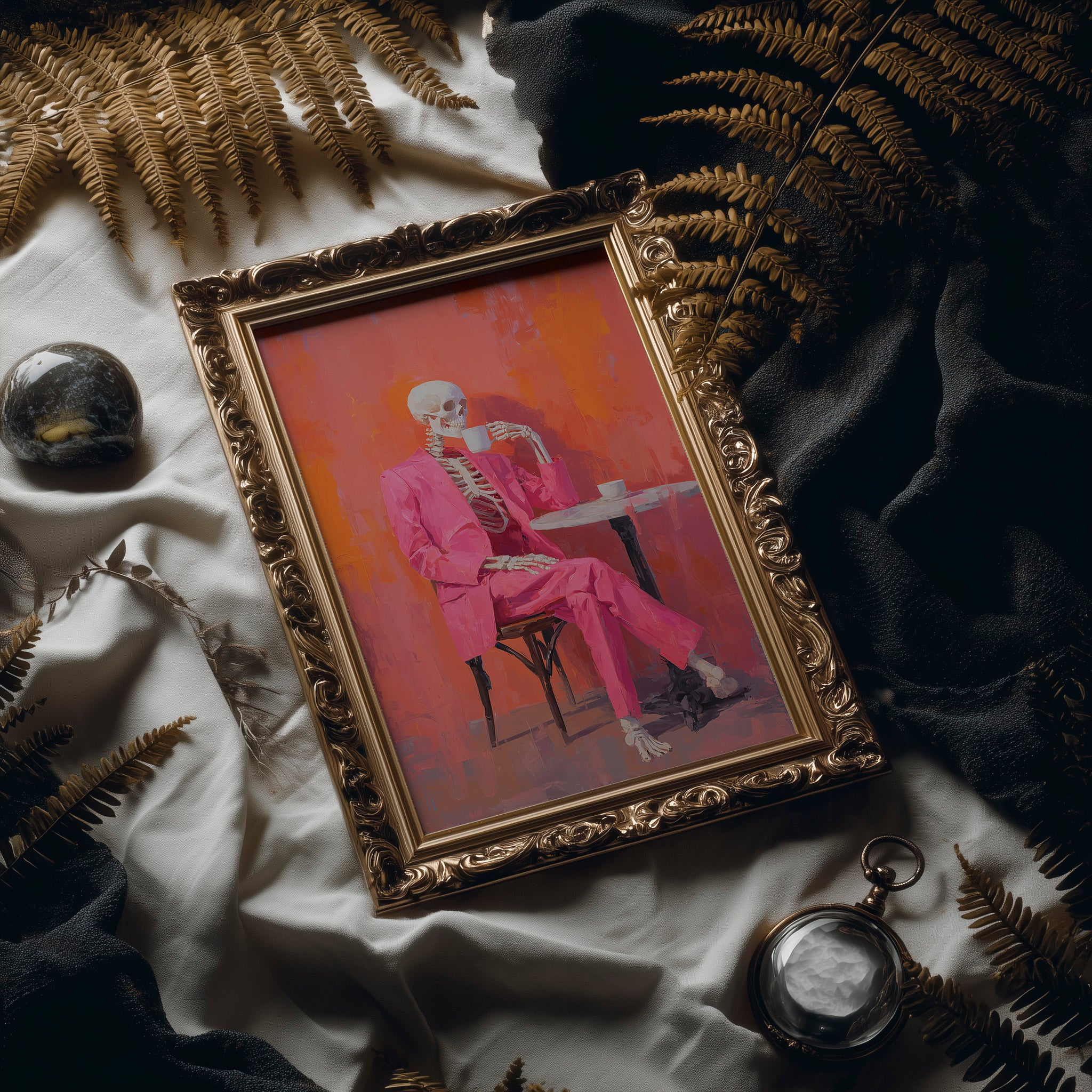 Fuchsia Suit Sips Eternal Coffee