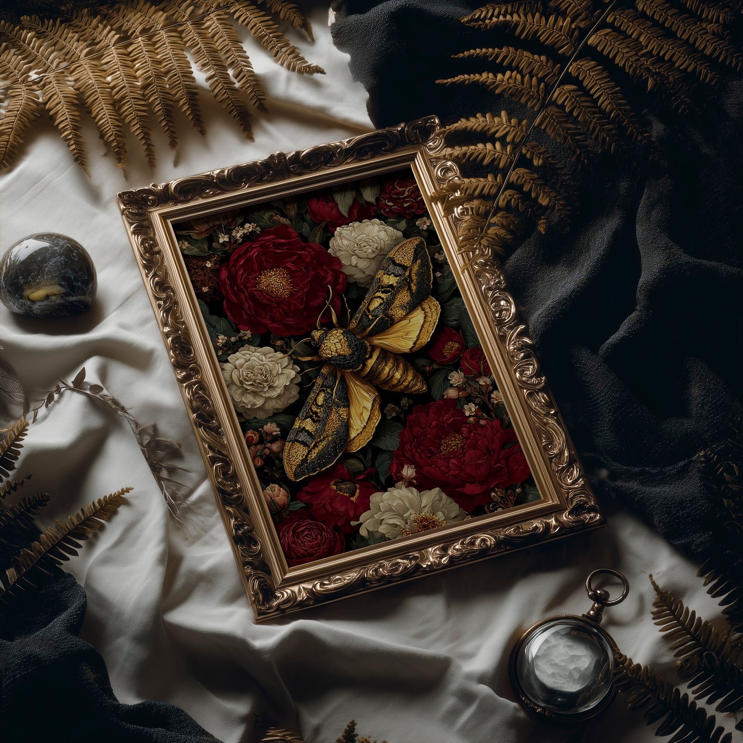Golden Moth Among Crimson Blooms