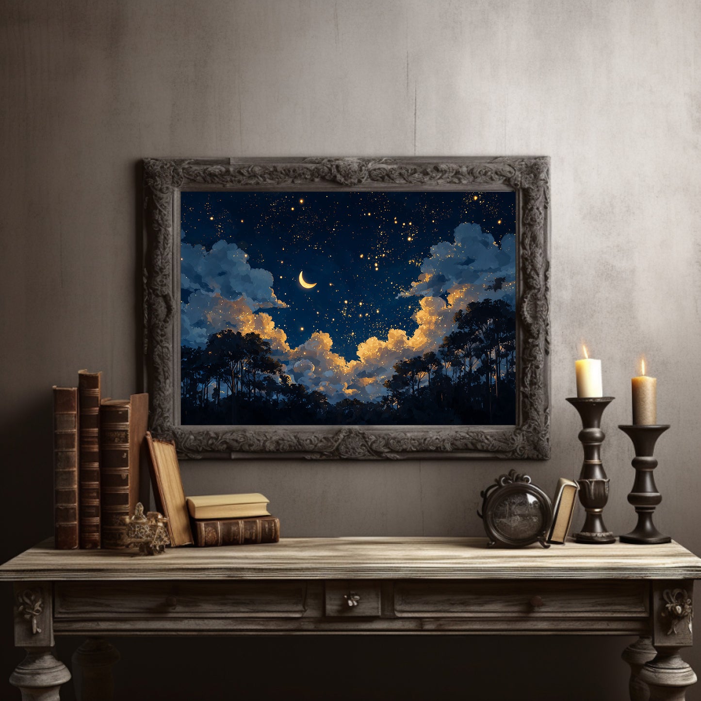 Crescent Sky Above Forest Silhouettes