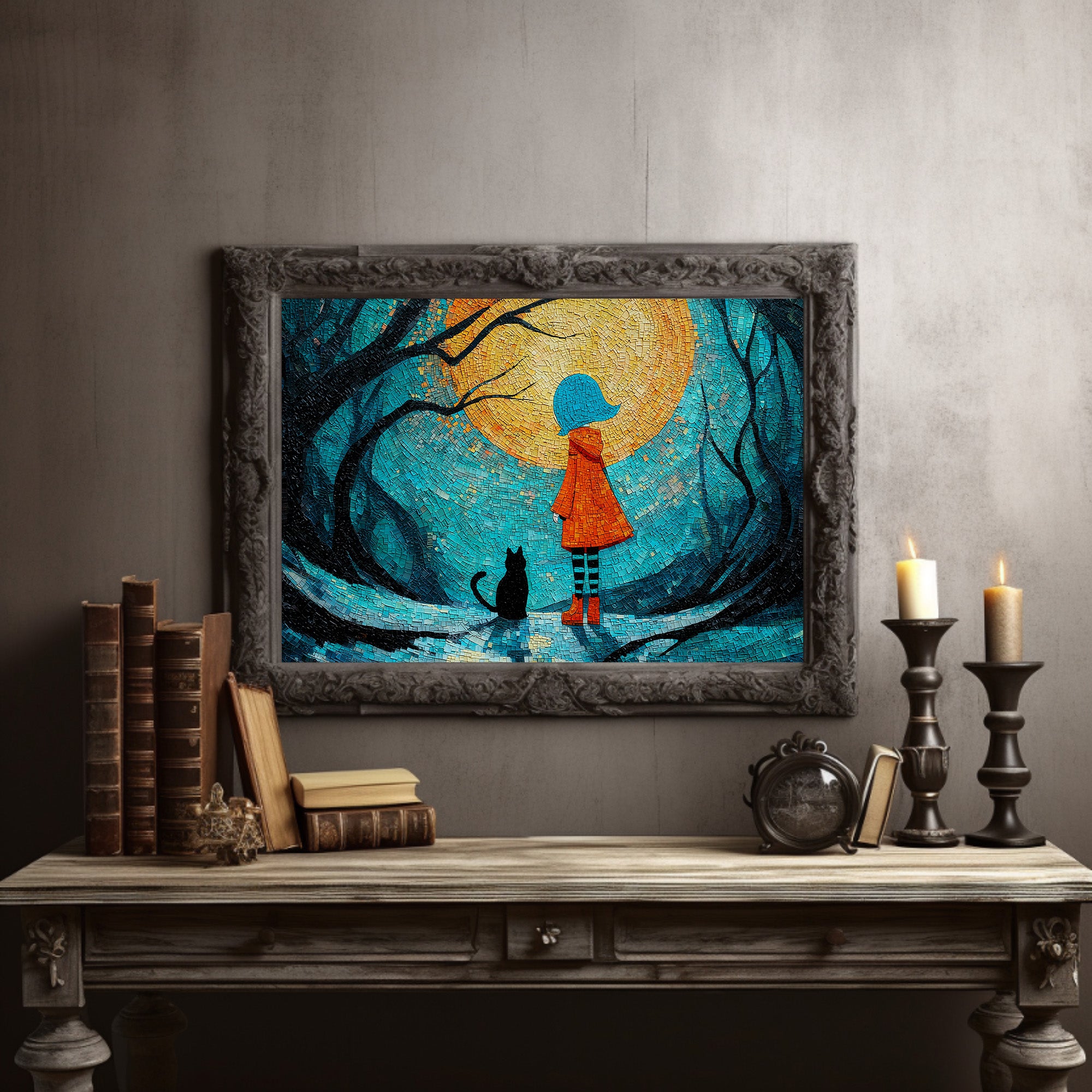 Child And Cat Beneath Glowing Moon