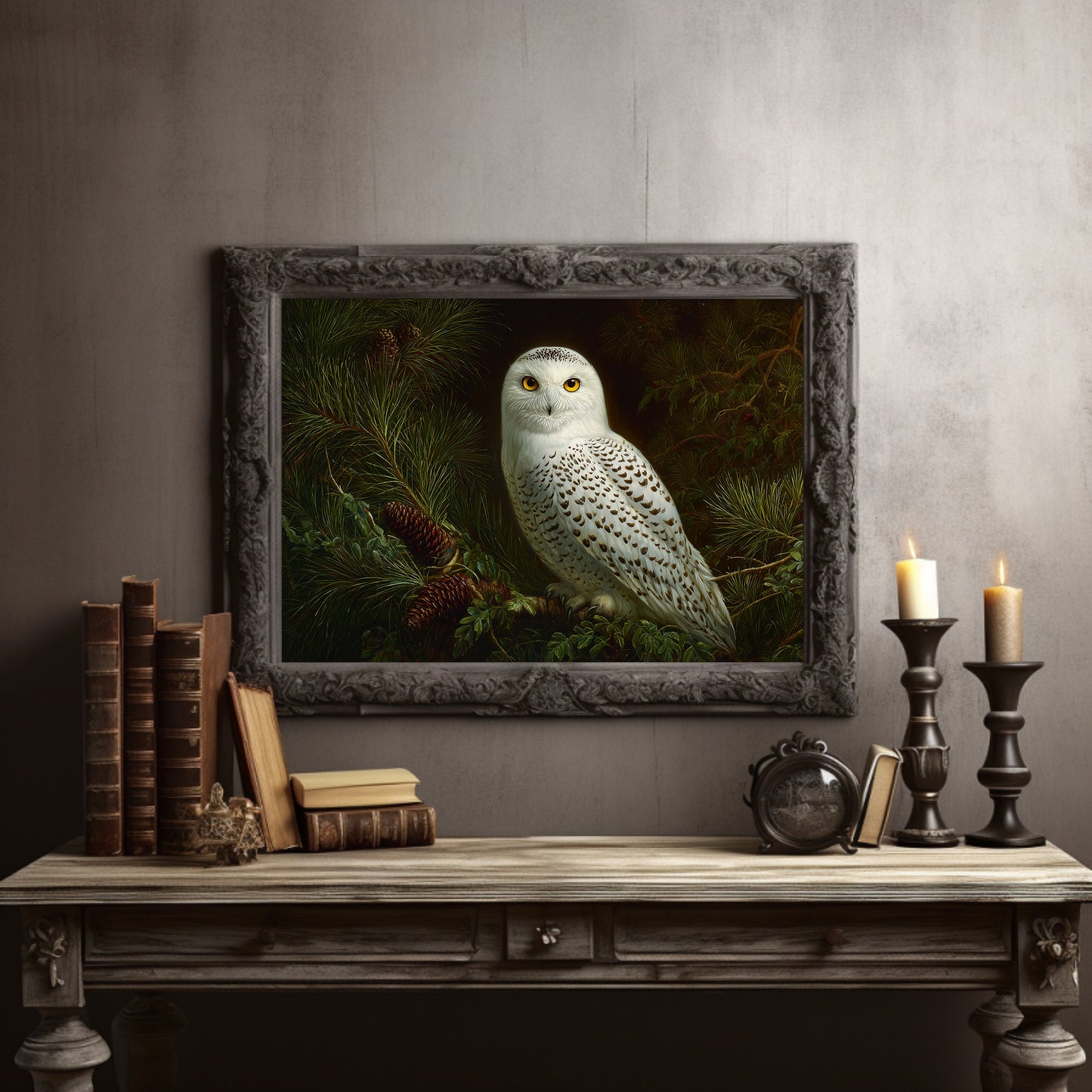 Arctic Sentinel Among Pine Boughs