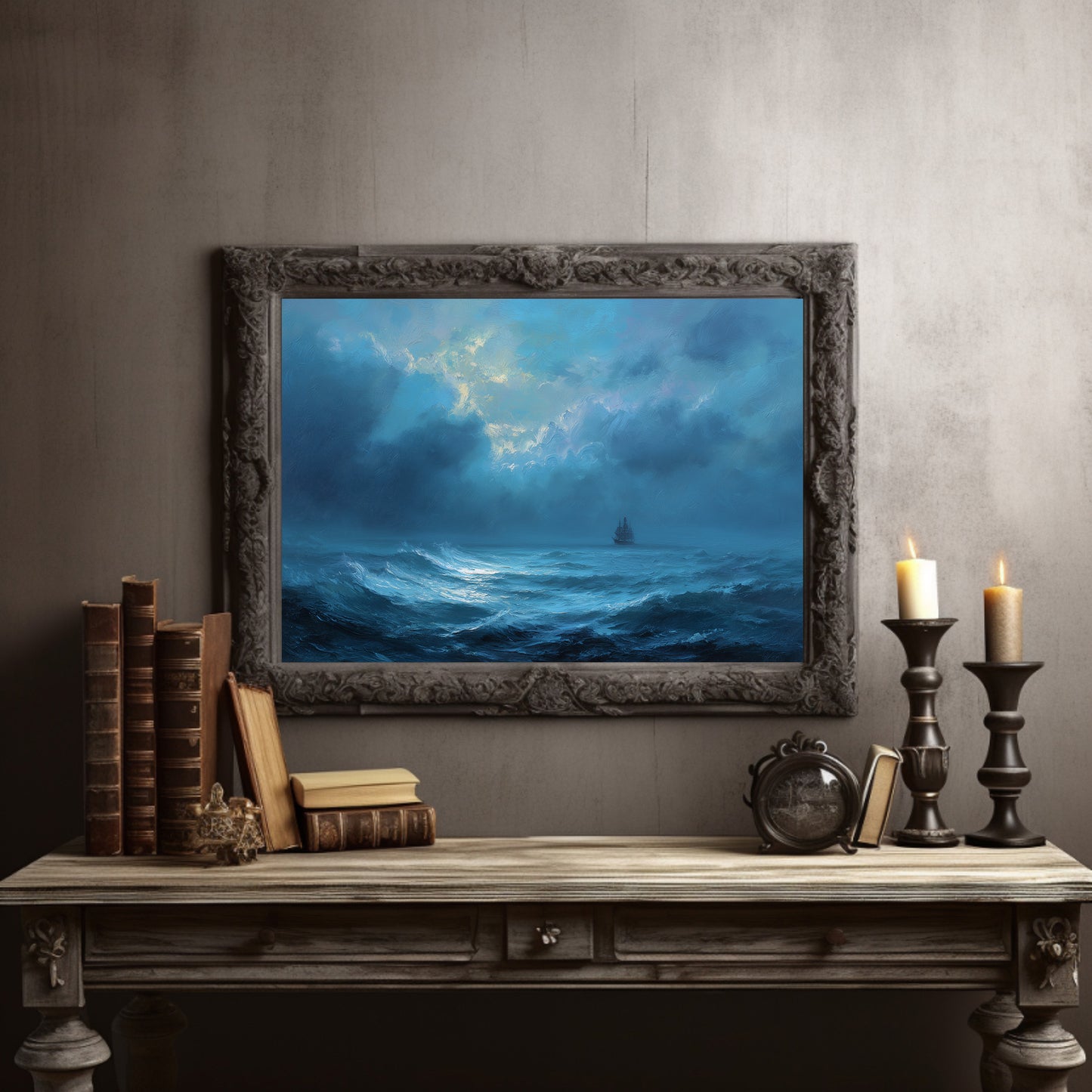 Distant Ship Braves Stormy Seas