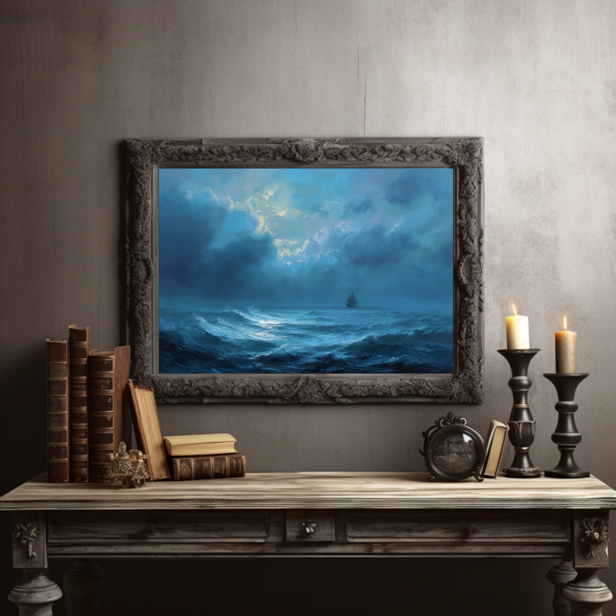 Distant Ship Braves Stormy Seas