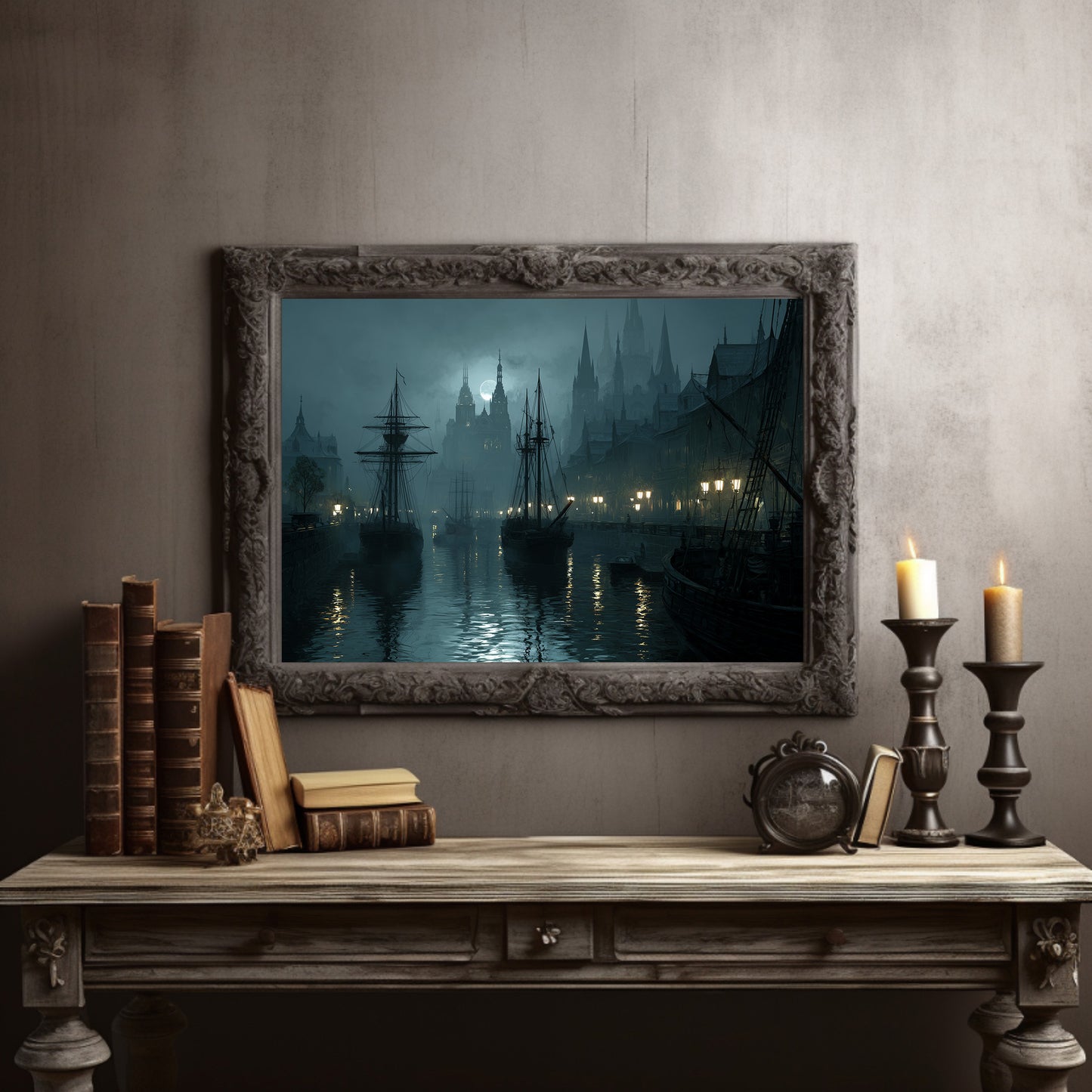 Harbor Lights Beyond Foggy Spires