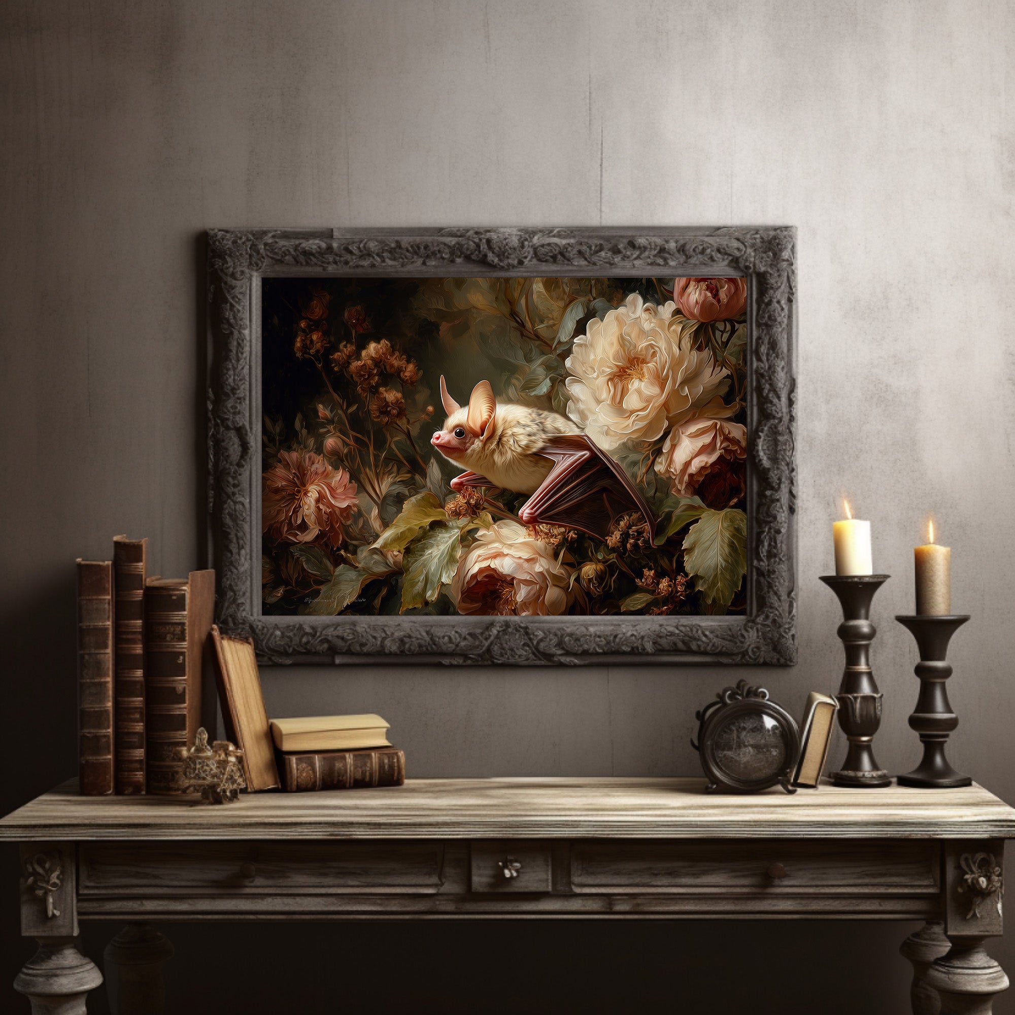 Pale Bat Among Vintage Blooms