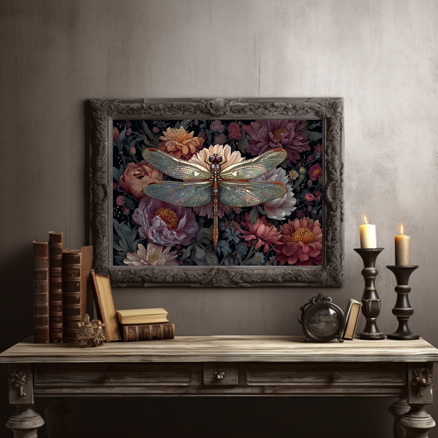 Iridescent Wings Among Blooming Peonies