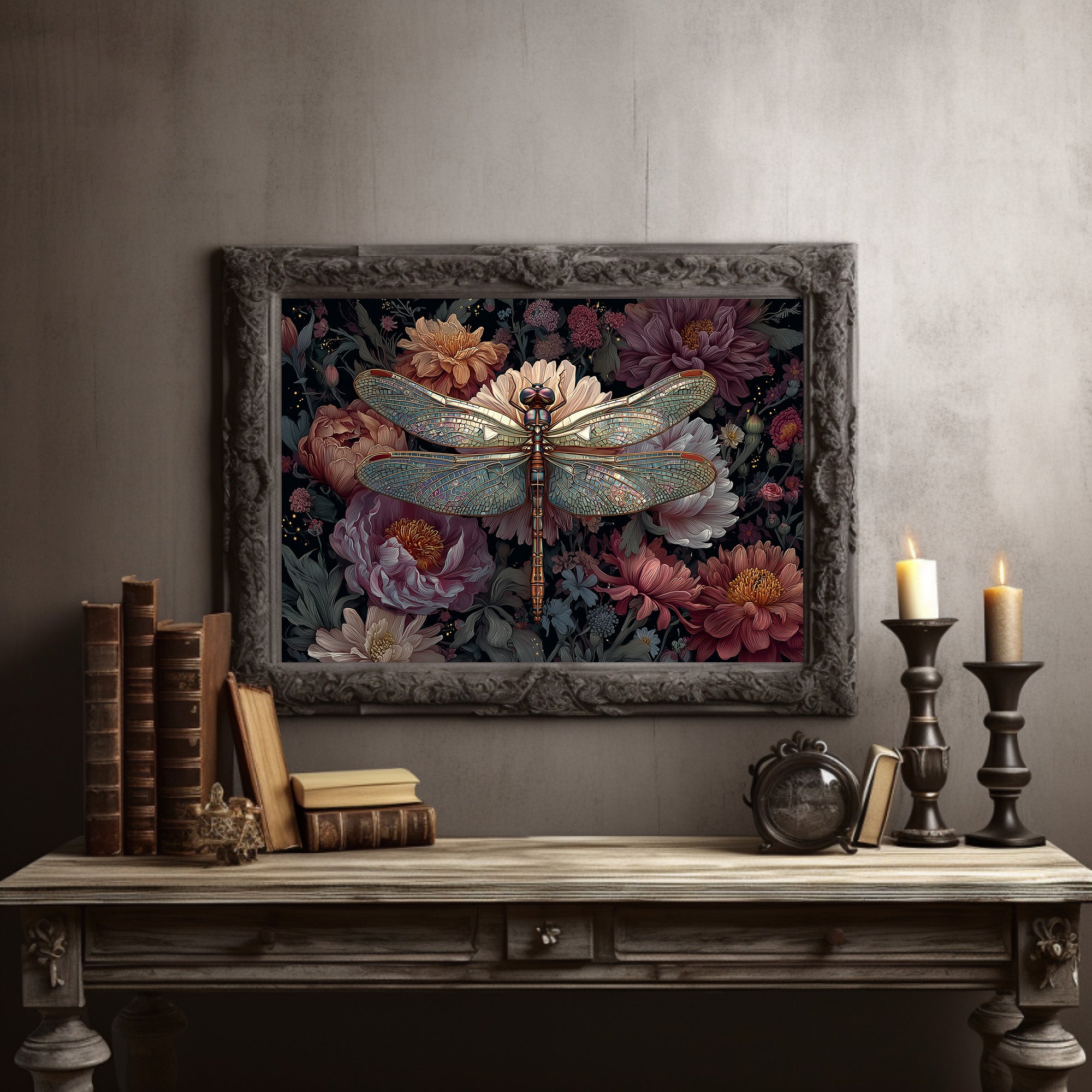 Iridescent Wings Among Blooming Peonies